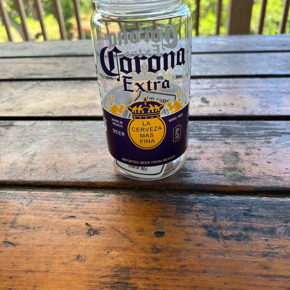 Clear Corona Extra Plastic Cup design with purple and yellow color.